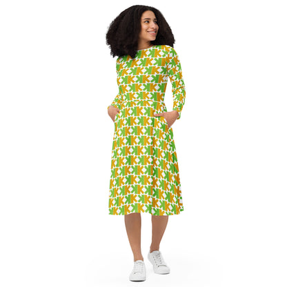 K-K Print Long Sleeve Midi Dress