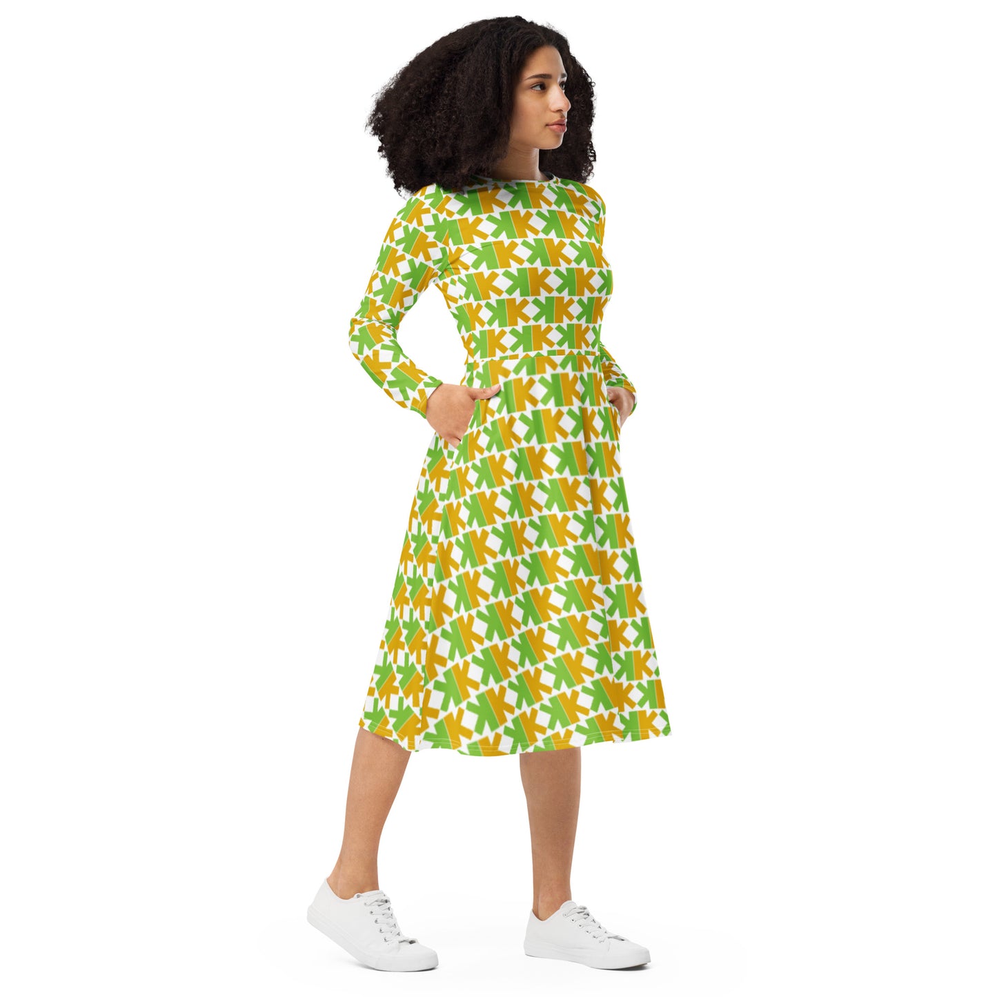 K-K Print Long Sleeve Midi Dress